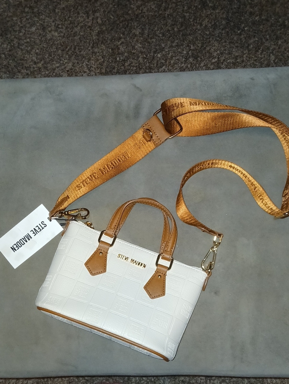 Steve Madden White Croc-Embossed Crossbody with Tan Strap